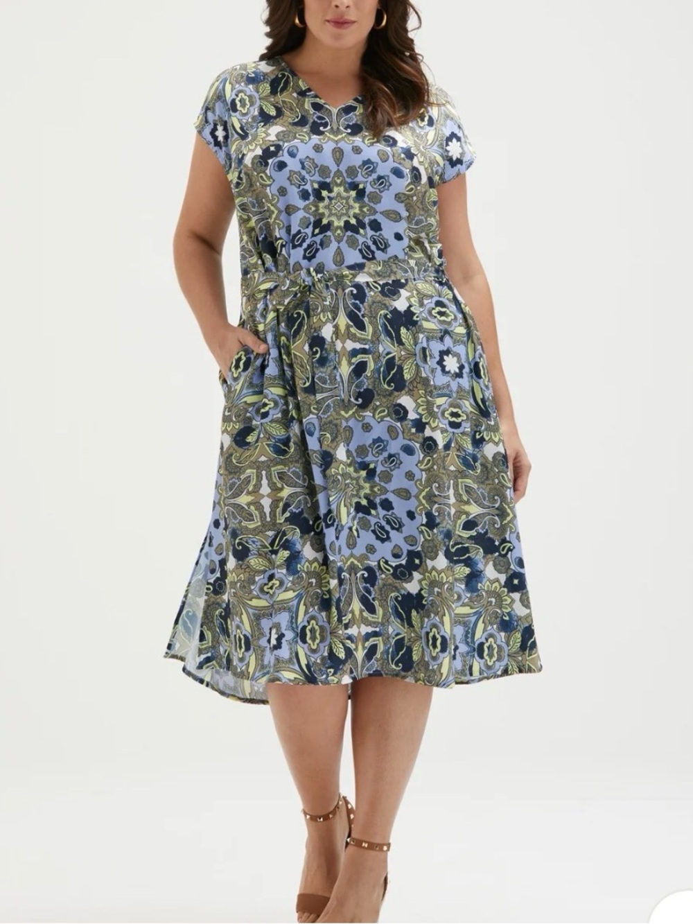 Scarf Print Self-Tie Dress — Blue & Olive